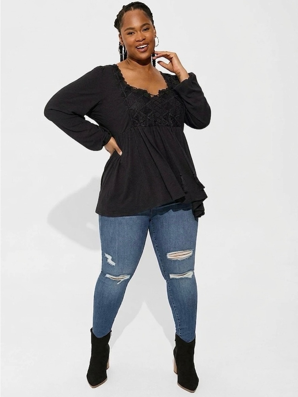 Torrid Black Long Sleeve Peplum Babydoll Boho Top With Lace Details Size 1X - Picture 2 of 12